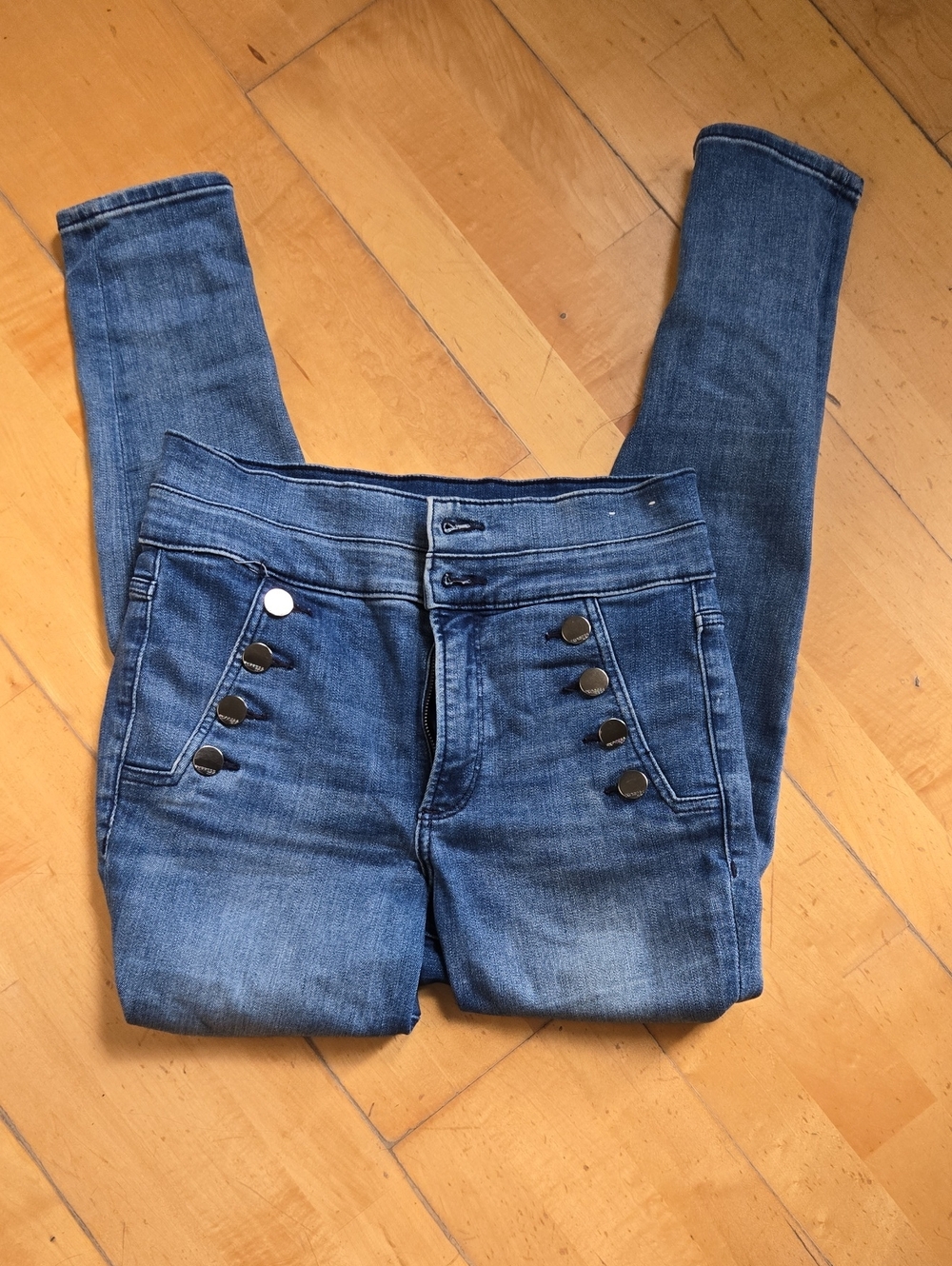 Express Women's Dark Blue Skinny Jeans with Button Accent